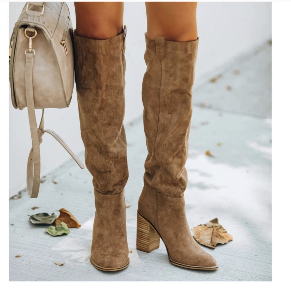 Vici Suede Over-the-Knee Slouch Boots in Taupe Brown